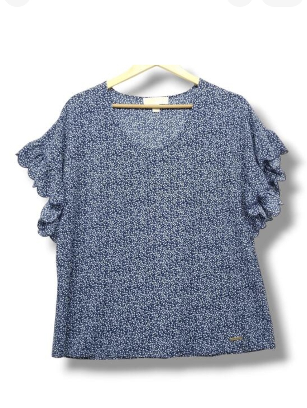 Michael Kors‎ Short Sleeve Floral Blouse Top Large Blue White Flutter Ruffle